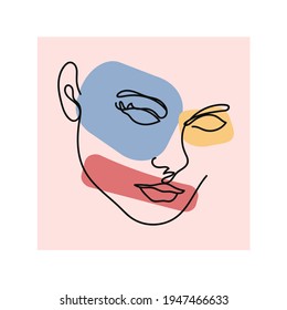 Beautiful Portrait Continuous Silhouette Art. Abstract Minimalistic Linear Sketch. Pretty Face, Profile. Modern Art. Avant Garde Style Illustration. Trendy Vector Color Silhouette 