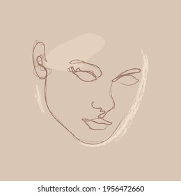 Beautiful Portrait Continuous Silhouette Chalk Art. Abstract Minimalistic Linear Sketch. Pretty Face, Profile. Modern Art. Avant Garde Style Illustration. Trendy Vector Silhouette