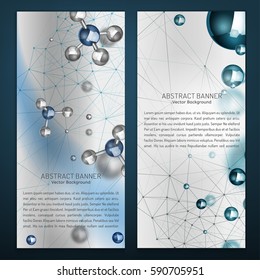 Beautiful portrait digital banners with silver particles and molecular structure. Abstract molecules design. Medical vertical scientific backgrounds for banner, poster or flyer. Vector illustration.