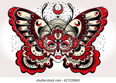 Beautiful portrait of the girl with butterfly wings in new old school style. Boho, tattoo, spirituality, poster, T-shirt print, character design. Vector illustration for commercial and personal use.