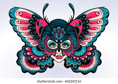 Beautiful portrait of the girl with butterfly wings in new old school style. Boho, tattoo, spirituality, poster, T-shirt print, character design. Vector illustration for commercial and personal use.