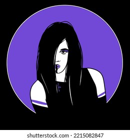 Beautiful portrait, a girl with long hair, in purple and white, on a black background, minimalism, fashion, graphics