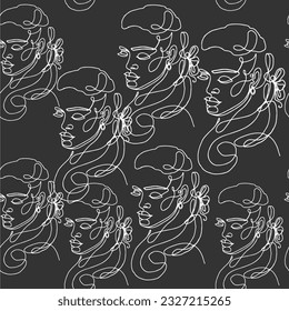 Beautiful portrait in one line art women seamless pattern on a black background. Vector illustration moden trend for beauty salon, logo, design