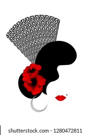 Beautiful portrait Spanish woman silhouette whit red Hibiscus flowers and Traditional Spanish Comb, Peineta. Flamenco dancer. Beauty Logo Template. Vector Company Name, isolated or white background