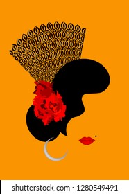 Beautiful portrait Spanish woman silhouette whit red rose flowers and Traditional Spanish Comb, Peineta. Flamenco dancer. Beauty Logo Template. Vector Company Name, isolated or orange background