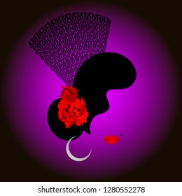 Beautiful portrait Spanish woman silhouette whit red rose flowers and Traditional Spanish Comb, Peineta. Flamenco dancer. Beauty Logo Template. Vector Company Name, isolated or dark purple background