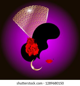Beautiful portrait Spanish woman silhouette whit red rose flowers and Traditional Spanish Comb, Golden Peineta. Flamenco dancer. Beauty Logo Template. Vector Company Name, isolated or dark purple