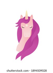 Beautiful portrait of a unicorn with a pink mane. Horse head with closed eyes, vector illustration.