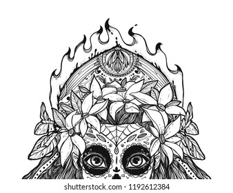 The beautiful portrait of a woman with big eyes and wearing a wreath. The girl in a costume to Day of the Dead. Can be used for tattoo ideas, covers, printing, coloring. 