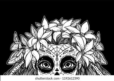 The beautiful portrait of a woman with big eyes and wearing a wreath. The girl in a costume to Day of the Dead. Can be used for tattoo ideas, covers, printing, coloring. 