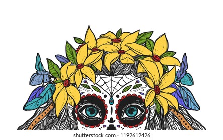 The beautiful portrait of a woman with big eyes and wearing a wreath. The girl in a costume to Day of the Dead. Can be used for tattoo ideas, covers, printing. 