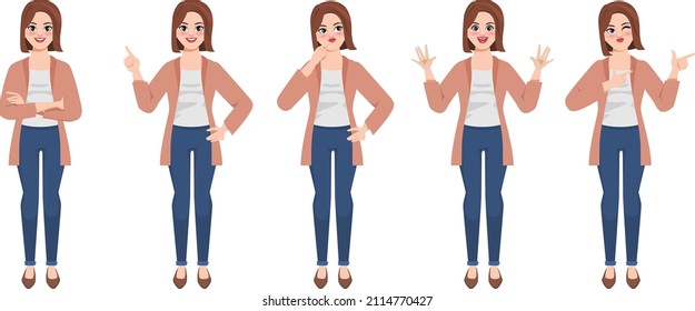 Beautiful portrait woman difference character gesture pose. Cartoon clipart vector design.