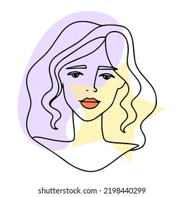Beautiful portrait of a woman on the background of colored figures, vector line drawing, outline