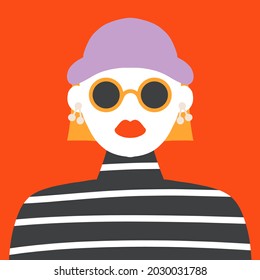 Beautiful portrait of young bold girl with hat and sunglasses modern flat vector illustration. Vector illustration