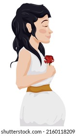 Beautiful portrait of young woman with happy and serene gesture, dark long hair, standing alone and holding a red rose.
