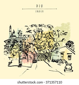 A beautiful Portuguese church in Diu, India. Hand drawn cityscape sketch. Travel art. Vintage artistic postcard template. Vector illustration