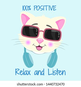 Beautiful positive cat in sunglasses love music. Cool kids graphics for t-shirts. Greeting card. Vector illustration.