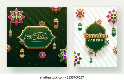 Beautiful post or card set of Ramadan Kareem in green and white colors background with hanging lanterns and flower. Arabic Islamic text Ramadan Kareem. 