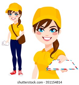 Beautiful post woman delivering mail with leather bag wearing yellow shirt uniform