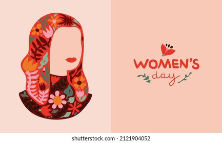 Beautiful postcard, 8 March celebration. Greeting card with silhouette of lady, with flowers in her hair and lettering Women's day. Warm colors. Prints, social network, poster, package. Hand drawn.