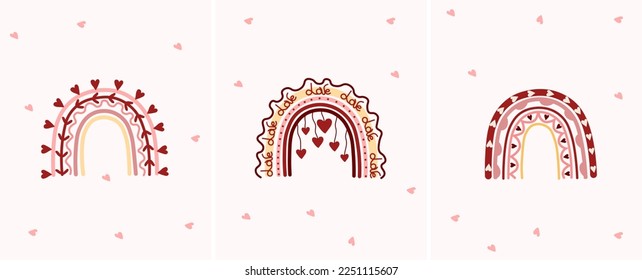 A beautiful postcard with a bohemian rainbow and hearts around. Romantic day of St. Valentine Bright illustrations for greeting cards, posters, banners, etc. Vector.