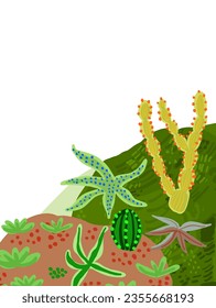 Beautiful postcard with cactuses composition on white. Stylish Mexican landscape, decorative exotical plants home garden