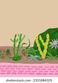 Hermosa postal con composición cactusa. Paisaje mexicano elegante, plantas exóticas decorativas jardín
