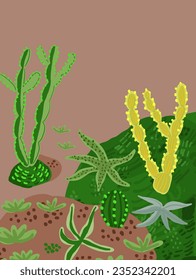 Beautiful postcard with cactuses composition. Stylish Mexican landscape, decorative exotical plants home garden
