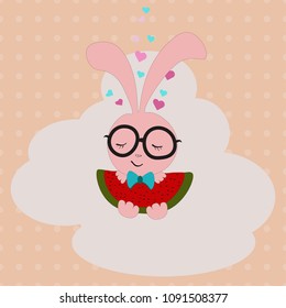 
beautiful postcard with a cartoon animal cute  rabbit pink in glasses with a bow and with a watermelon fruit in the paws on a light background for children and textiles in the summer