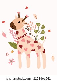 A beautiful postcard with a cute giraffe, flowers and leaves. Bright illustrations for thank you cards, birthdays, posters, banners, etc. Vector.