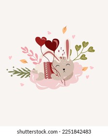 A beautiful postcard with a cute rabbit sleeping on a cloud and holding balloons. Bright illustrations for thank you cards, birthdays, posters, banners, etc. Vector.