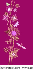 beautiful postcard with flowers and butterflies on a lilac background
