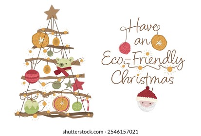 Beautiful postcard with a handmade new year tree and knitted decorations. Sustainable eco-friendly christmas idea. Alternative eco xmas. Plastic free winter holidays. Editable vector illustration