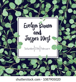 Beautiful postcard, invitation, banner with green eucalyptus leaves and branches on a black background in a square frame. Cute summer vector
