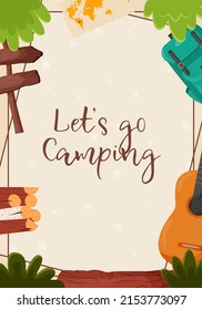 A Beautiful Postcard For An Invitation To Summer Camping, Hiking, Journey, Outdoor Recreation. Flat Vector Illustration For Poster, Banner, Flyer