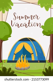 A Beautiful Postcard For An Invitation To Summer Camping, Hiking, Journey, Outdoor Recreation. Flat Vector Illustration For Poster, Banner, Flyer