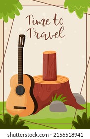 A Beautiful Postcard For An Invitation To Summer Camping, Hiking, Journey, Outdoor Recreation. Flat Vector Illustration For Poster, Banner, Flyer