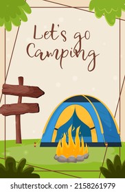 A Beautiful Postcard For An Invitation To Summer Camping, Hiking, Journey, Outdoor Recreation. Flat Vector Illustration For Poster, Banner, Flyer.