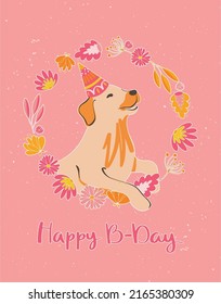 Schöne Postkarte mit einem Hundewelpen in festlicher Kappe in einem Blumenkranz auf rosafarbenem Hintergrund. Kreative Vektorgrafik. Herzlichen Glückwunsch zum Geburtstag! Party-Dekor.