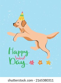 Beautiful postcard with a labrador puppy in a festive cap. Creative vector illustration. Happy birthday design. Party decor.