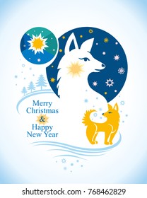Beautiful postcard to Merry Christmas and Happy New Year. Vector illustration with northern stars and white dog and yellow dog. Decorative winter design.
