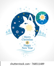 Beautiful postcard to Merry Christmas and Happy New Year. Vector illustration with winter stars and northern white dog. Decorative design.
