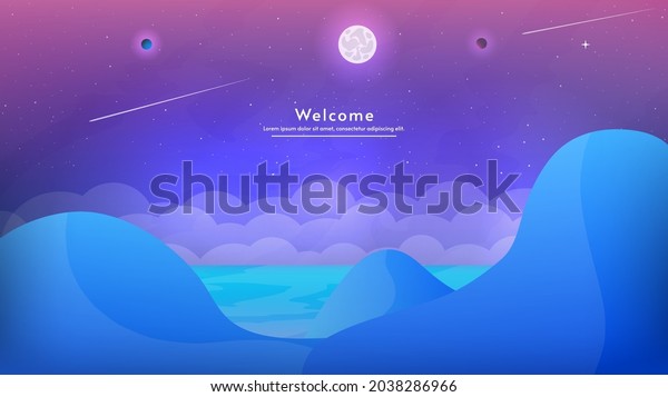 Beautiful postcard with moonlight vector\
illustration. Night view cartoon 2d style vector illustration.\
Moonlight at the  landscape backdrop with mountains. Starry\
gradient sky with\
comets.