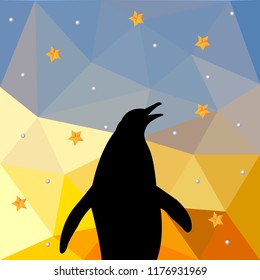 Beautiful postcard for the new year, a penguin on a blue and yellow background with yellow stars and white pearls.