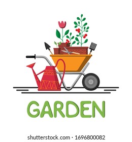 beautiful postcard on the theme of gardening. wheelbarrow with seedlings of flowers and vegetables with garden tools and a watering can. garden inscription. cool print for  t-shirts banner fefestival