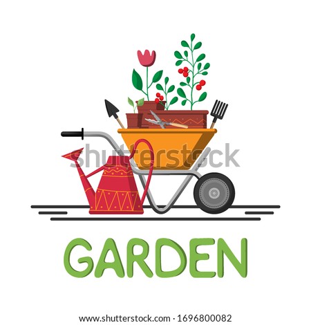 beautiful postcard on the theme of gardening. wheelbarrow with seedlings of flowers and vegetables with garden tools and a watering can. garden inscription. cool print for  t-shirts banner fefestival