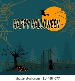 
beautiful postcard picture on nature with a fence of a black cat and trees with orange pumpkins and cobwebs and a big moon for a holiday in autumn in October Halloween