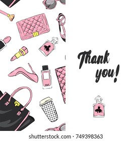 A beautiful postcard with stylish female accessories, bags, shoes, perfumes and cosmetics. Vector illustration. Ready-made design with clothes and accessories. Fashion & Style. Thank you.