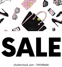 A beautiful postcard with stylish female accessories, bags, shoes, perfumes and cosmetics. Vector illustration. Ready-made design with clothes and accessories. Fashion & Style. Sale.