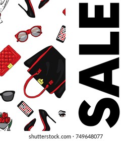 A beautiful postcard with stylish female accessories, bags, shoes, perfumes and cosmetics. Vector illustration. Ready-made design with clothes and accessories. Fashion & Style. Sale.